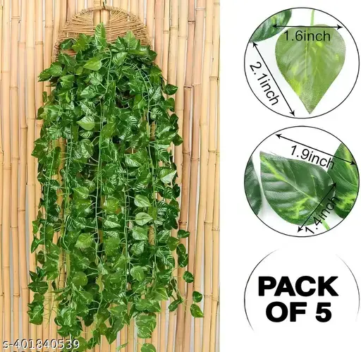 (7 Feet) (Set of 5 String) 30 Leave in one String Artificial Garlands Money Plant Hanging Leaves Greenery Vine Creeper Plants for Home Decor Main Door Wall, Balcony, Office, Decoration Party & Festival Craft
