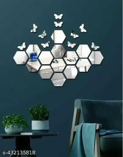 Inspire Walls 12 Silver Hexagon Mirror Stickers with 10 Butterflies for Wall (Silver) - Acrylic Wall Mirror Stickers for Bedroom, Hall, Home Offices