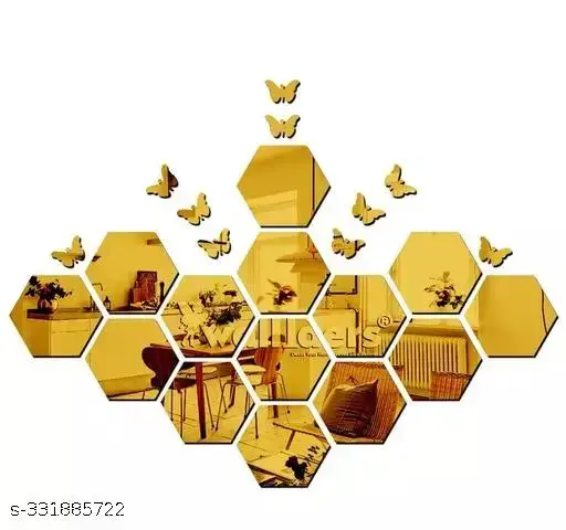 PLOUF 14 Hexagon with 10 buterfly golden Acrylic Mirror Wall Stickers for hall room, bed room, Kitchen